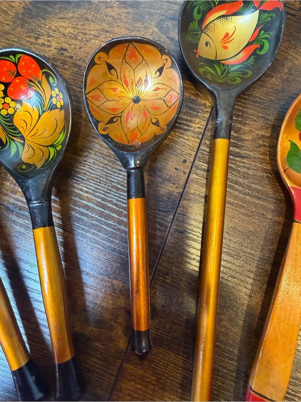 Hand-Painted Black and Gold Wooden Decorative Spoons Set of 5